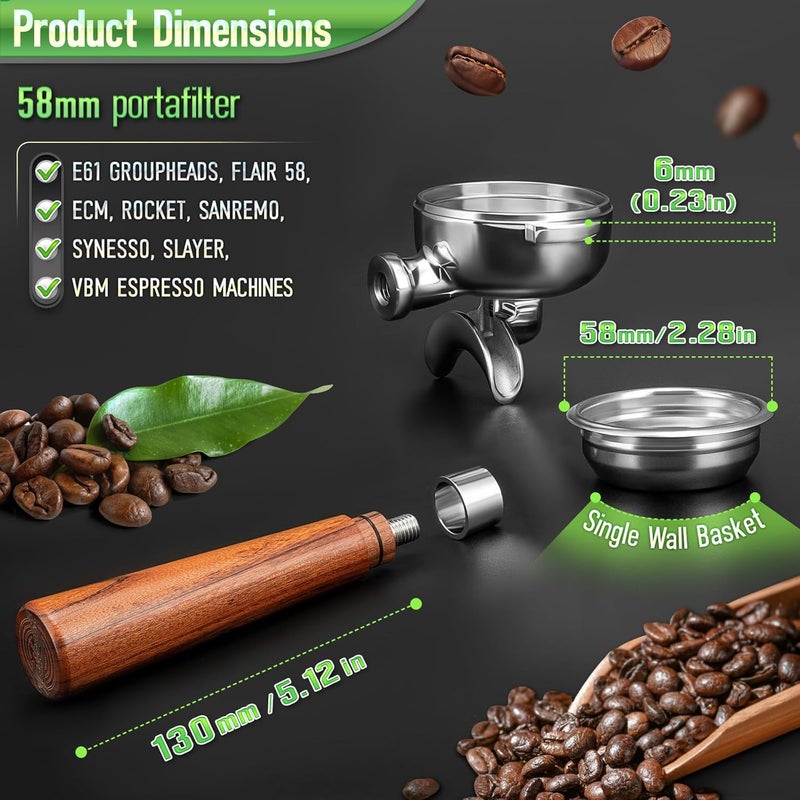 TaiBest 58mm Portafilter for E61 Group Head , Flair 58, ECM, Rocket, Sanremo, Synesso, Slayer, VBM Espresso Machines , Dual Spout Espresso Handle with Siam Rosewood Grip & 304 Stainless Steel Basket - Image 2